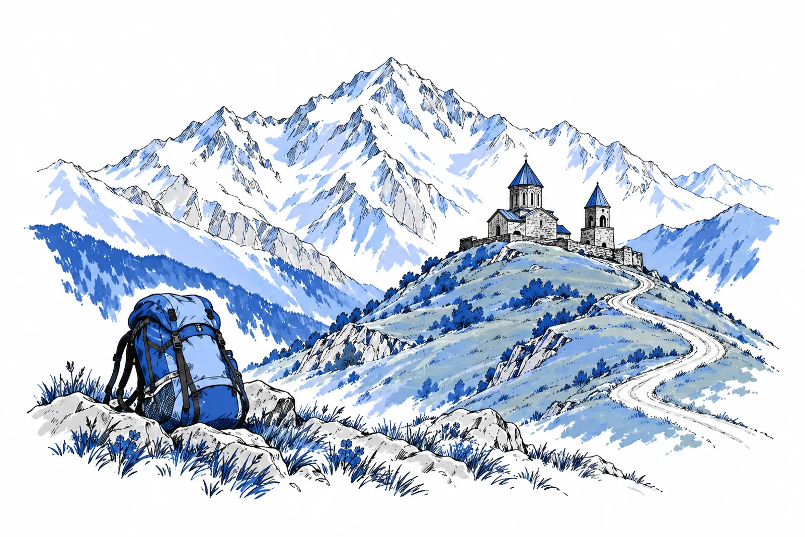 Горы Кавказа, старая церковь на холме и рюкзак